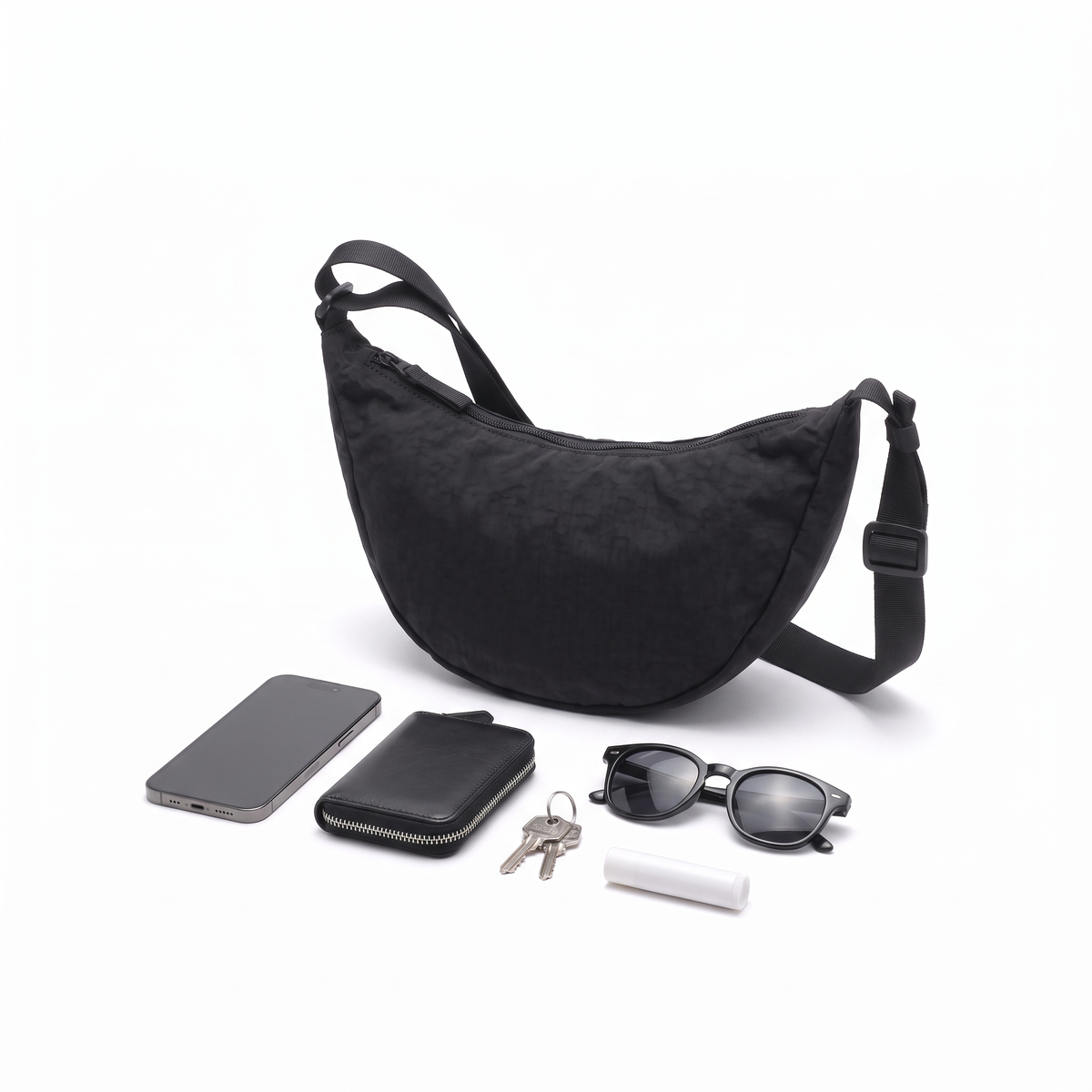 Crescent Nylon Crossbody Bag, what fits inside
