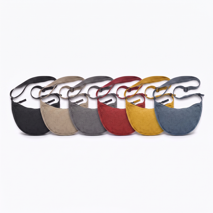 Sunoire margot black crescent crossbody bag collection flatlay - all colorways