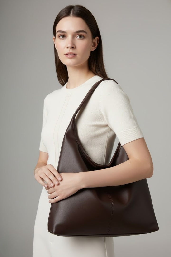 Maria | Women’s Classic Tote Bag with Faux Outer and Large Inner Pocket in Coffee, another view