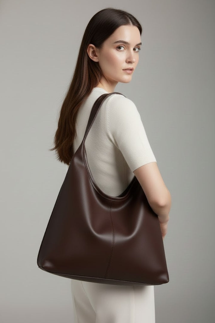 Maria | Women’s Classic Tote Bag with Faux Outer and Large Inner Pocket in Coffee, another view