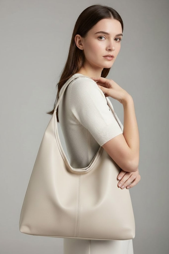 Women’s Classic Tote Bag with Faux Outer and Large Inner Pocket — White