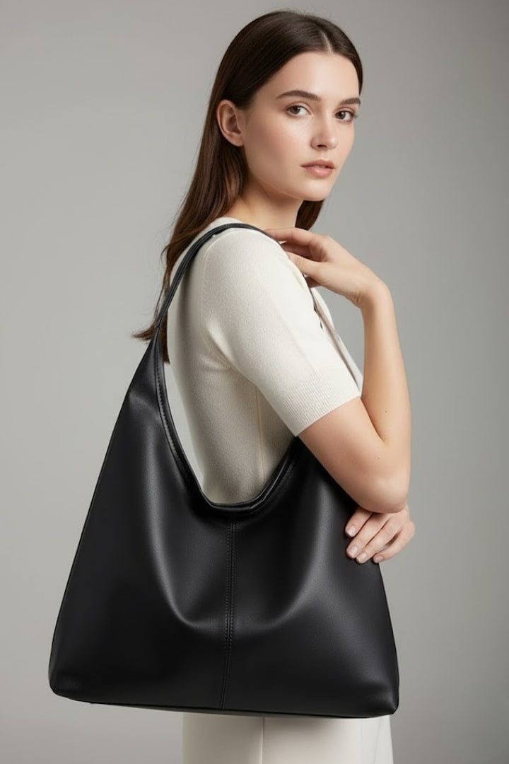 Women’s Classic Tote Bag with Faux Outer and Large Inner Pocket — Black