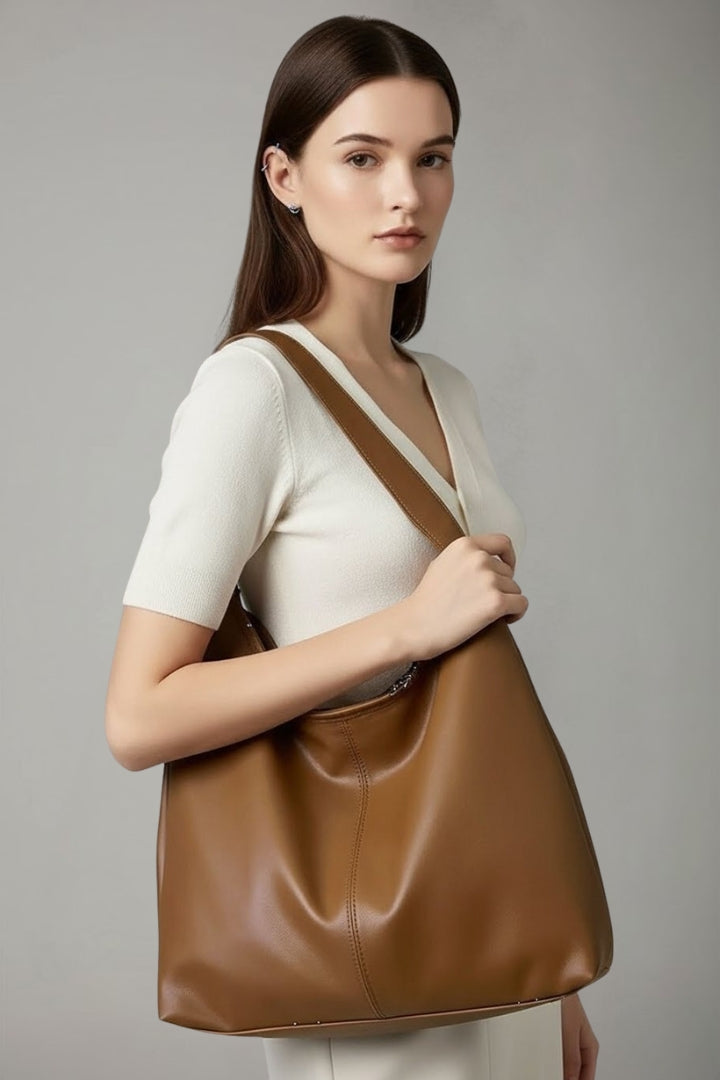 Maria | Women’s Classic Tote Bag with Faux Outer and Large Inner Pocket in Brown