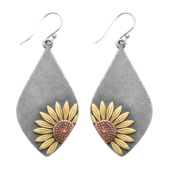 Sunoire factory wholesale jewelry bohemian earrings brass sun flower earrings retro antique plated sunflower drop earring for women 01 flatlay gunmetal