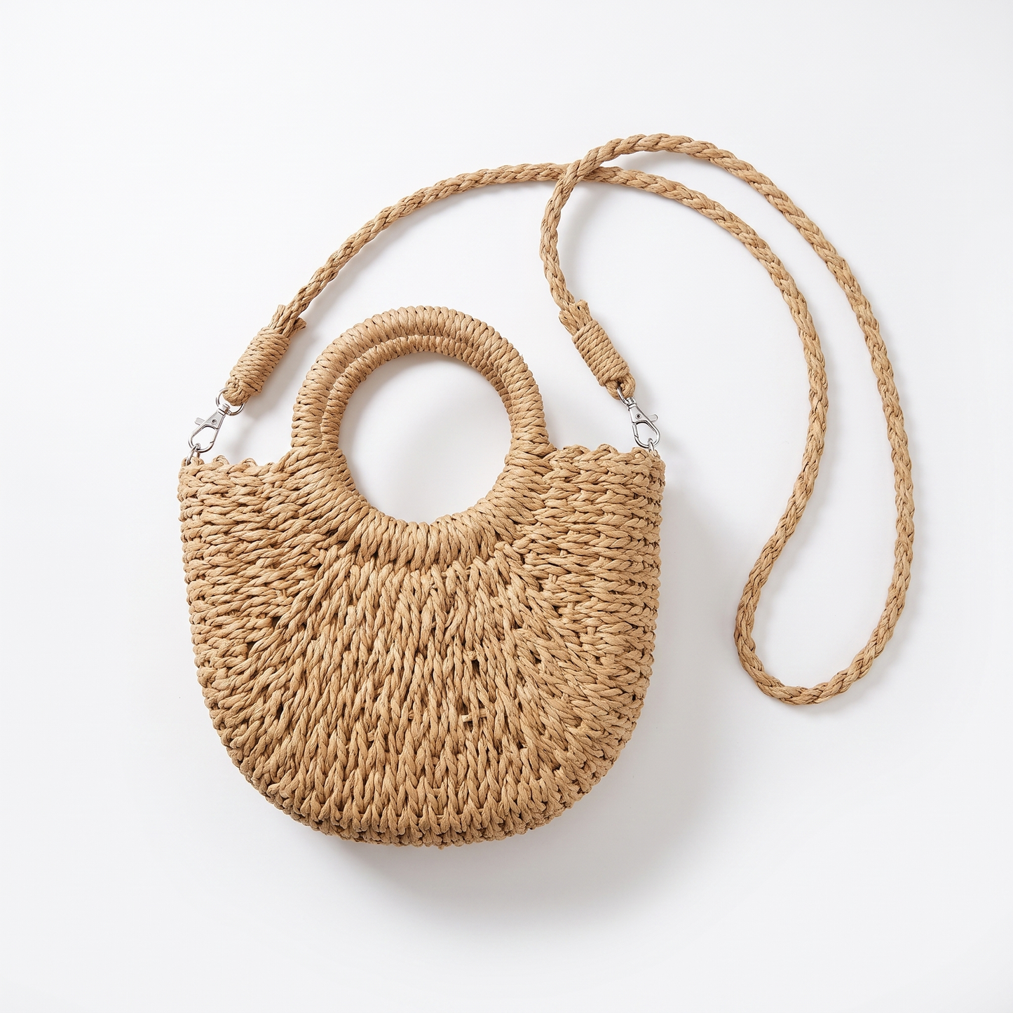 Sunoire marisela khaki straw halfmoon bag 01 front