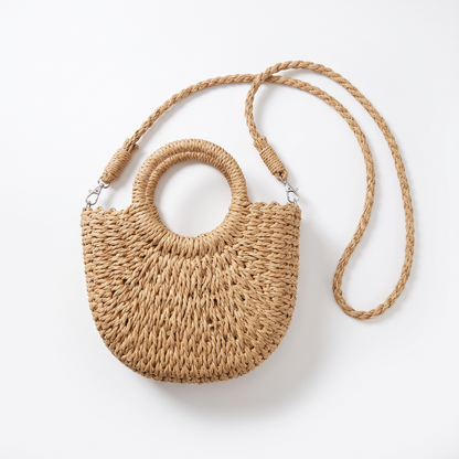Sunoire marisela khaki straw halfmoon bag 01 front