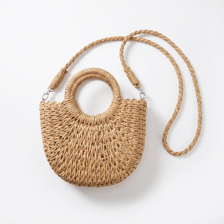 Sunoire marisela khaki straw halfmoon bag 01 front
