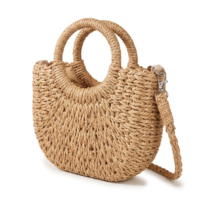 Sunoire marisela khaki straw halfmoon bag 02 three quarter