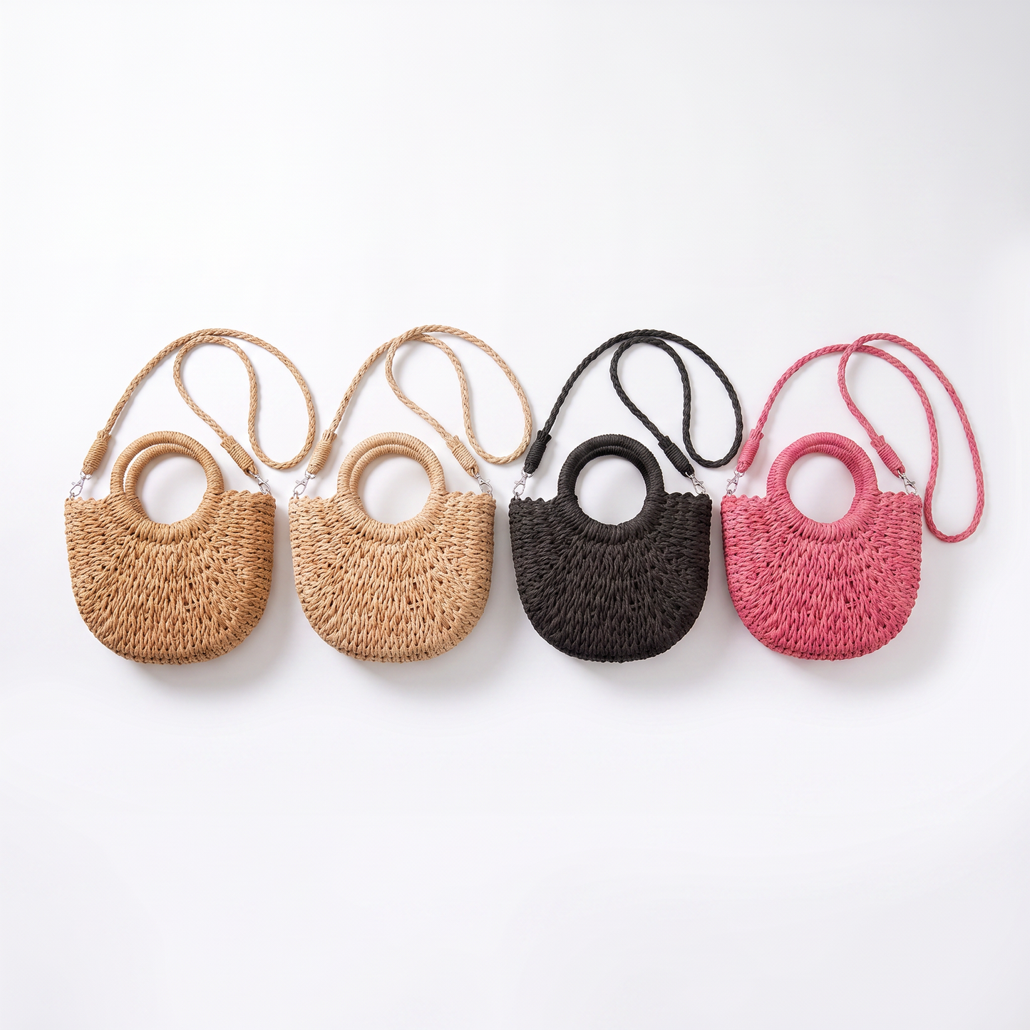 Sunoire marisela khaki straw halfmoon bag collection flatlay