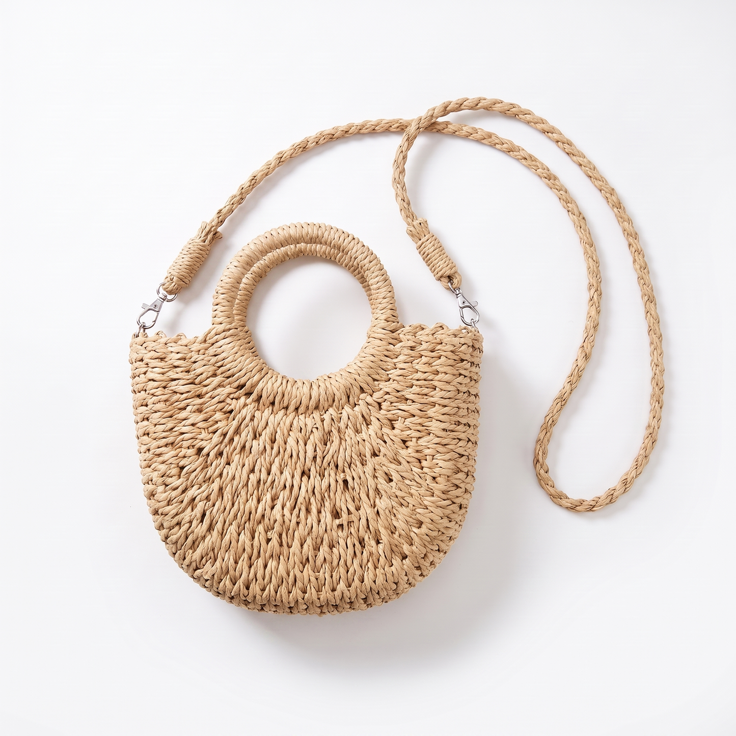Sunoire marisela khaki straw halfmoon bag colorway beige
