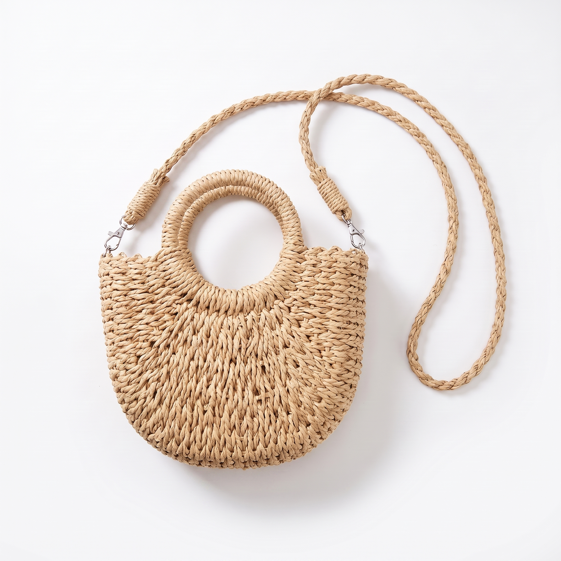 Sunoire marisela khaki straw halfmoon bag colorway beige