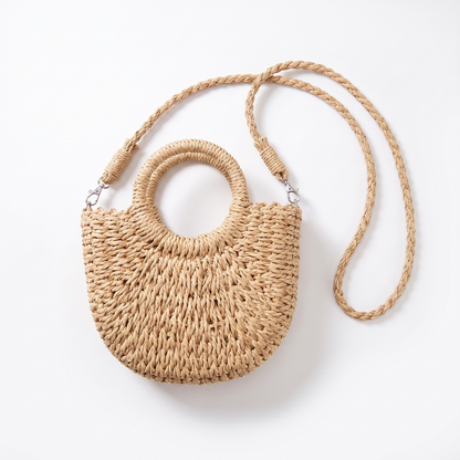 Sunoire marisela khaki straw halfmoon bag colorway beige
