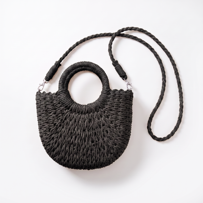 Sunoire marisela khaki straw halfmoon bag colorway black
