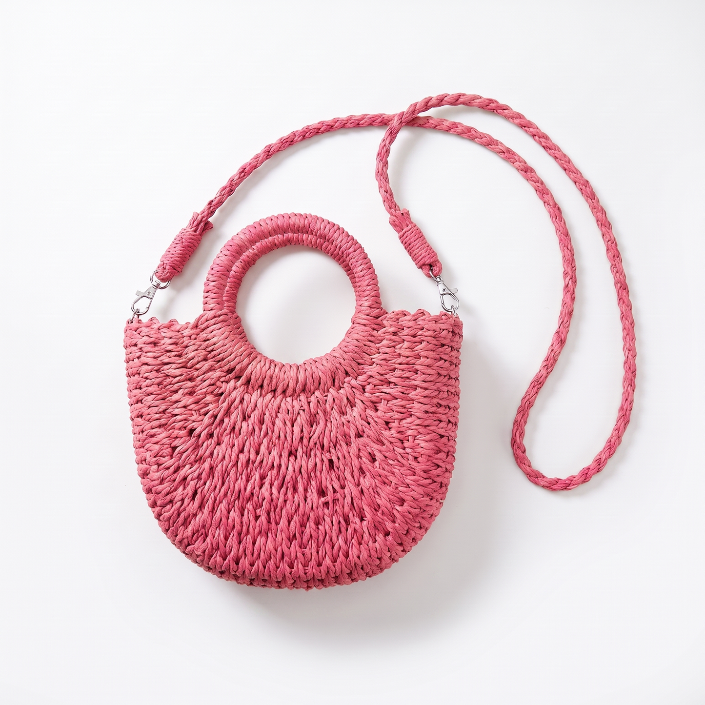 Sunoire marisela khaki straw halfmoon bag colorway hot pink