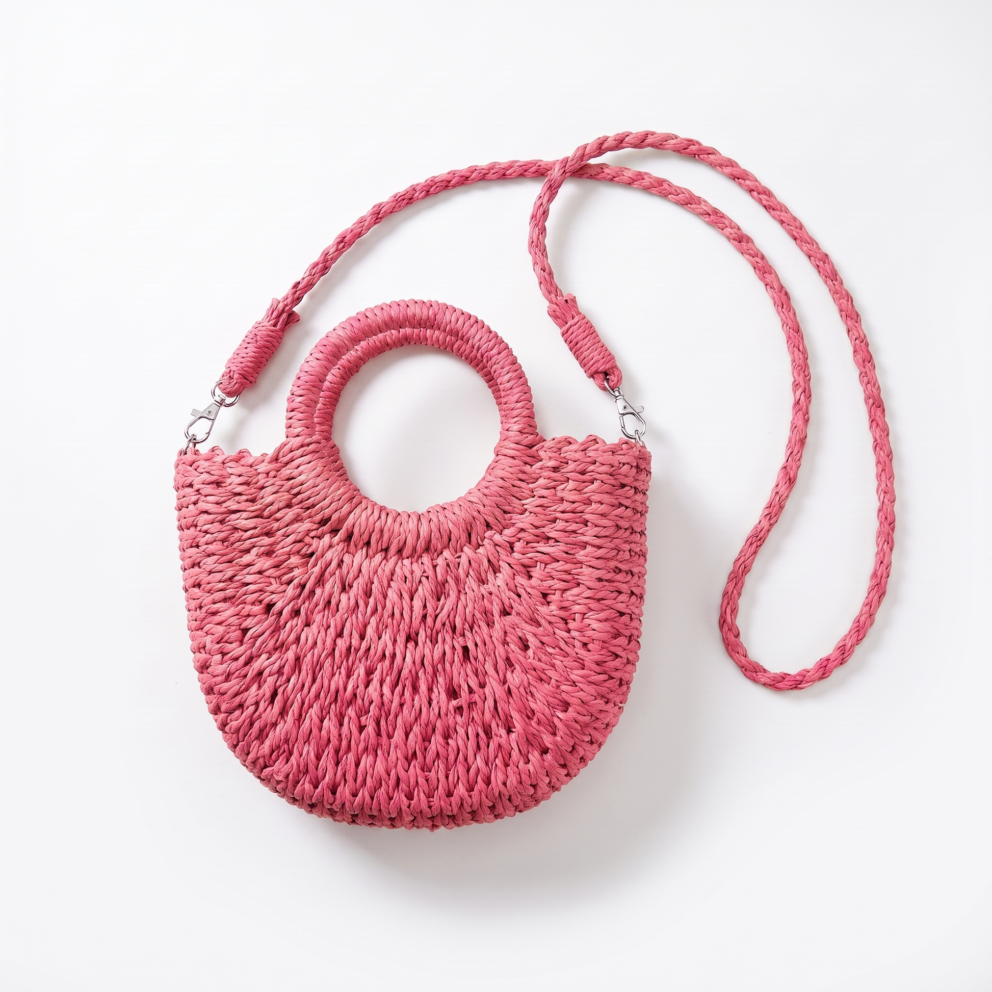 Sunoire marisela khaki straw halfmoon bag colorway hot pink