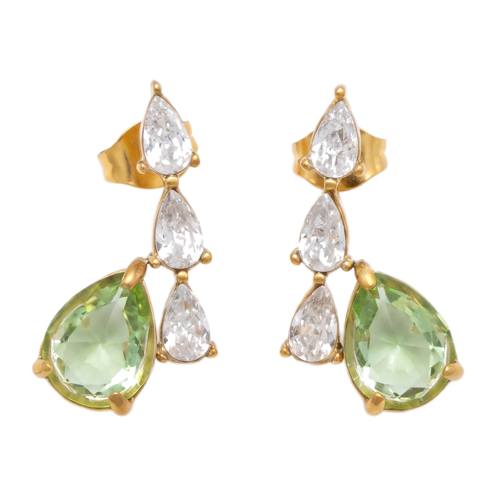 Sunoire yf7034 fashion new design hypoallergenic 18k pvd gold plated stainless steel water drop shaped pear cut zircon earrings 01 flatlay apple green