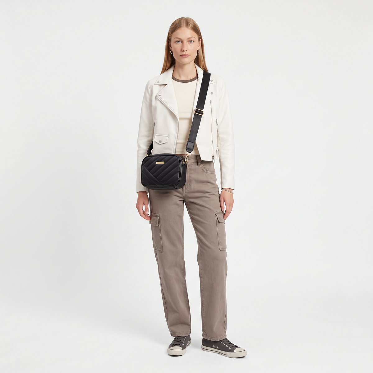 Quilted Structured Crossbody Bag, worn by a model