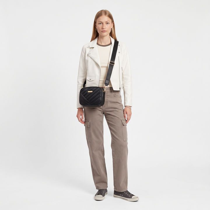 Quilted Structured Crossbody Bag, worn by a model