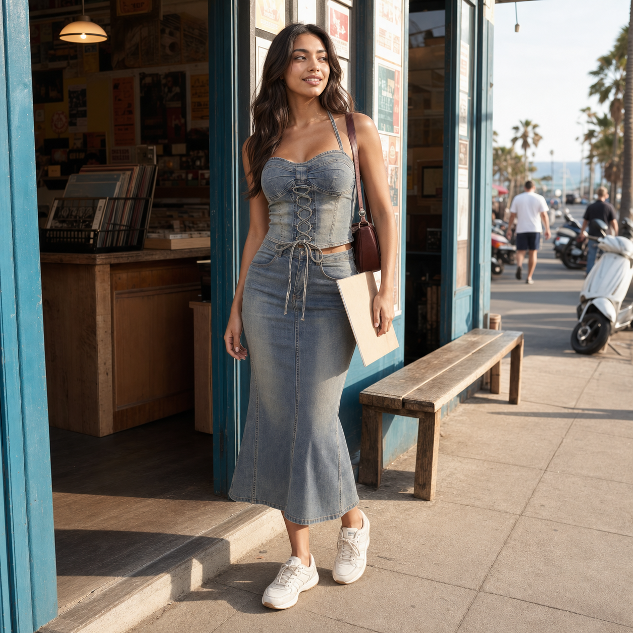 Lace Up Corset Denim Midi Skirt Set – Blue Party Two Piece Set — lifestyle photo