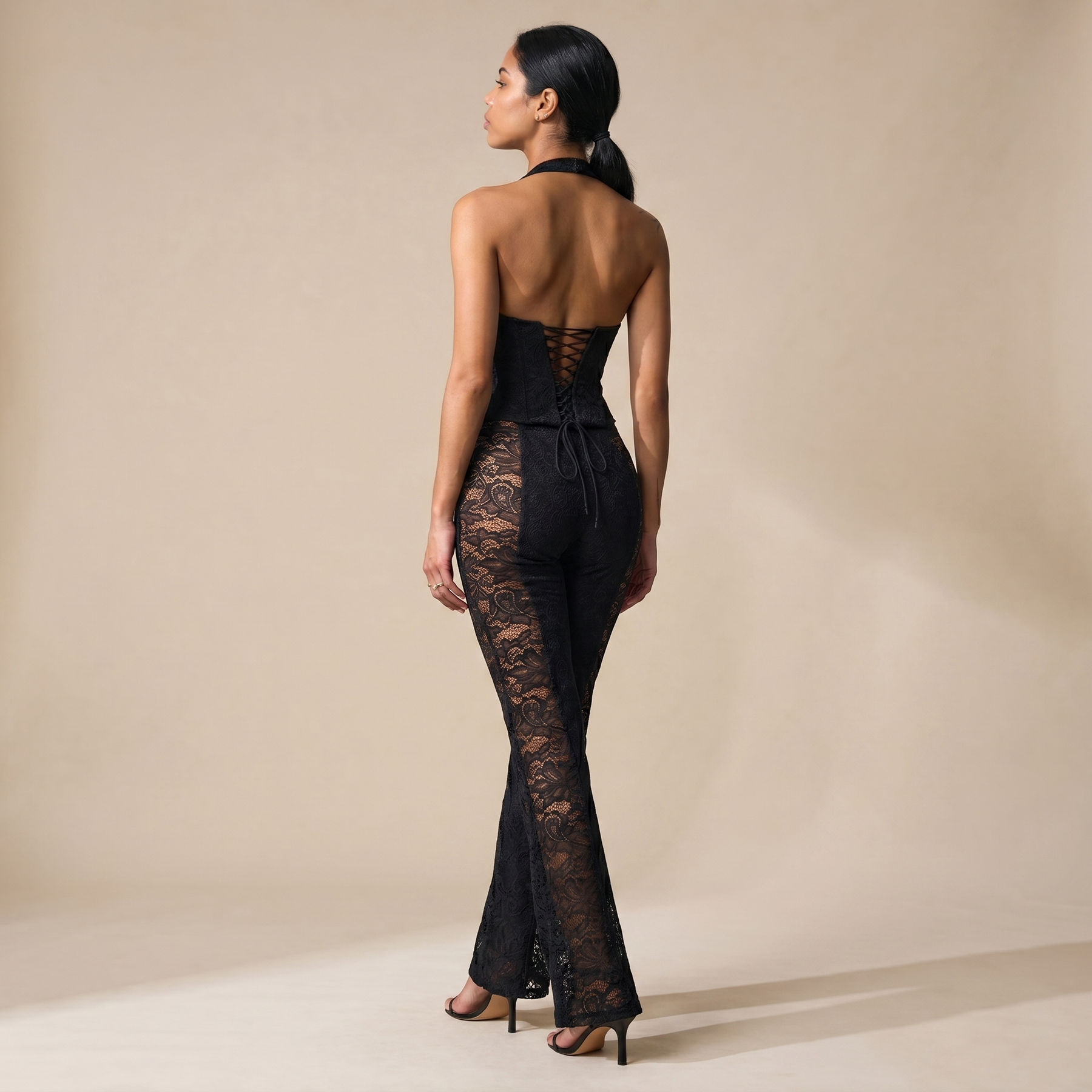 Sunoire martha halter neck sheer lace jumpsuit back view 01