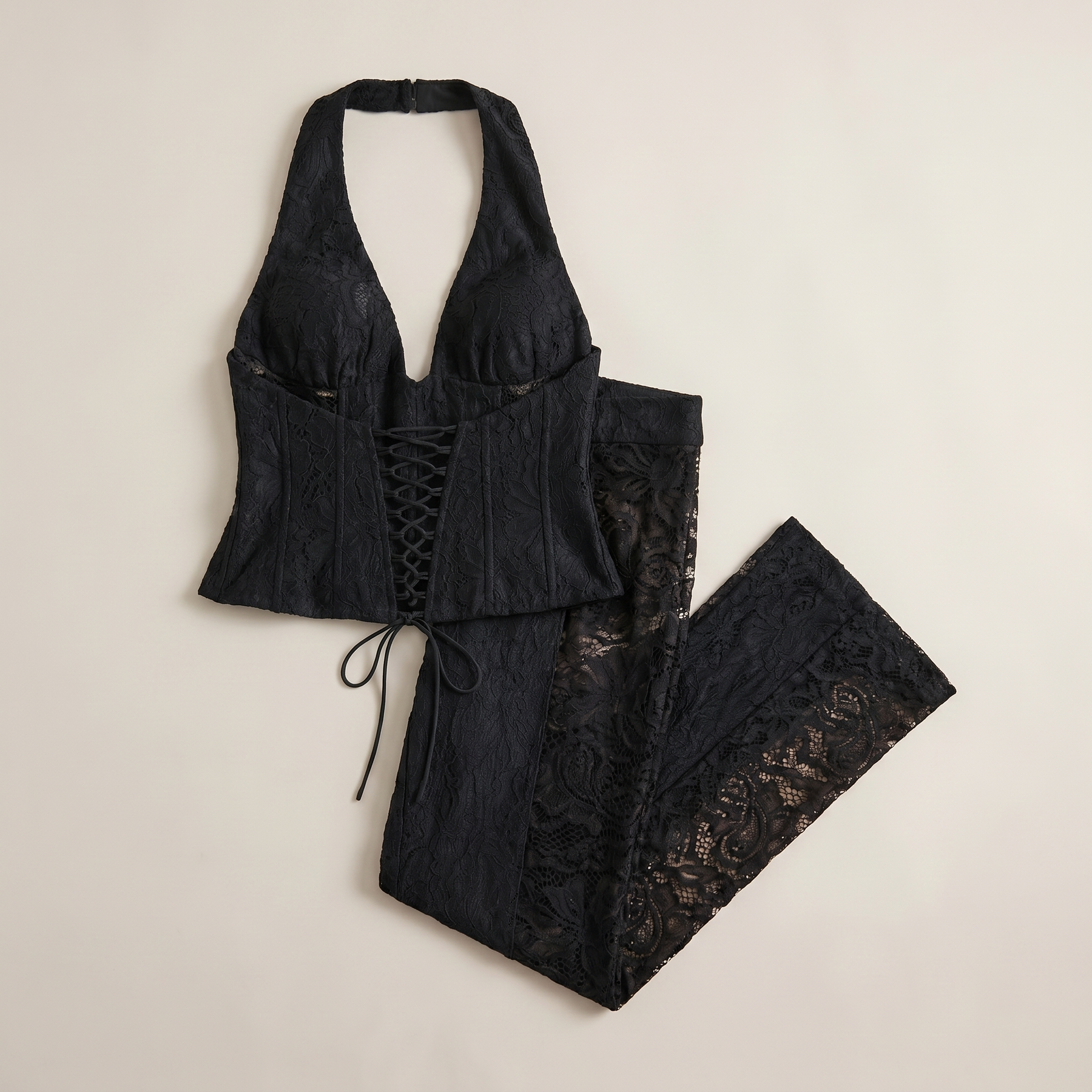 Sunoire martha halter neck sheer lace jumpsuit garment flatlay 01