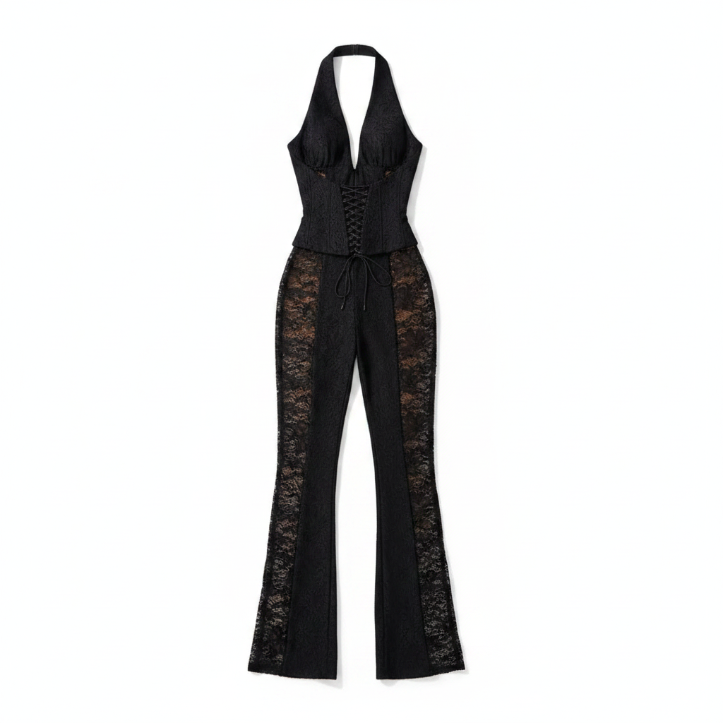 Sunoire martha halter neck sheer lace jumpsuit mannequin black 01