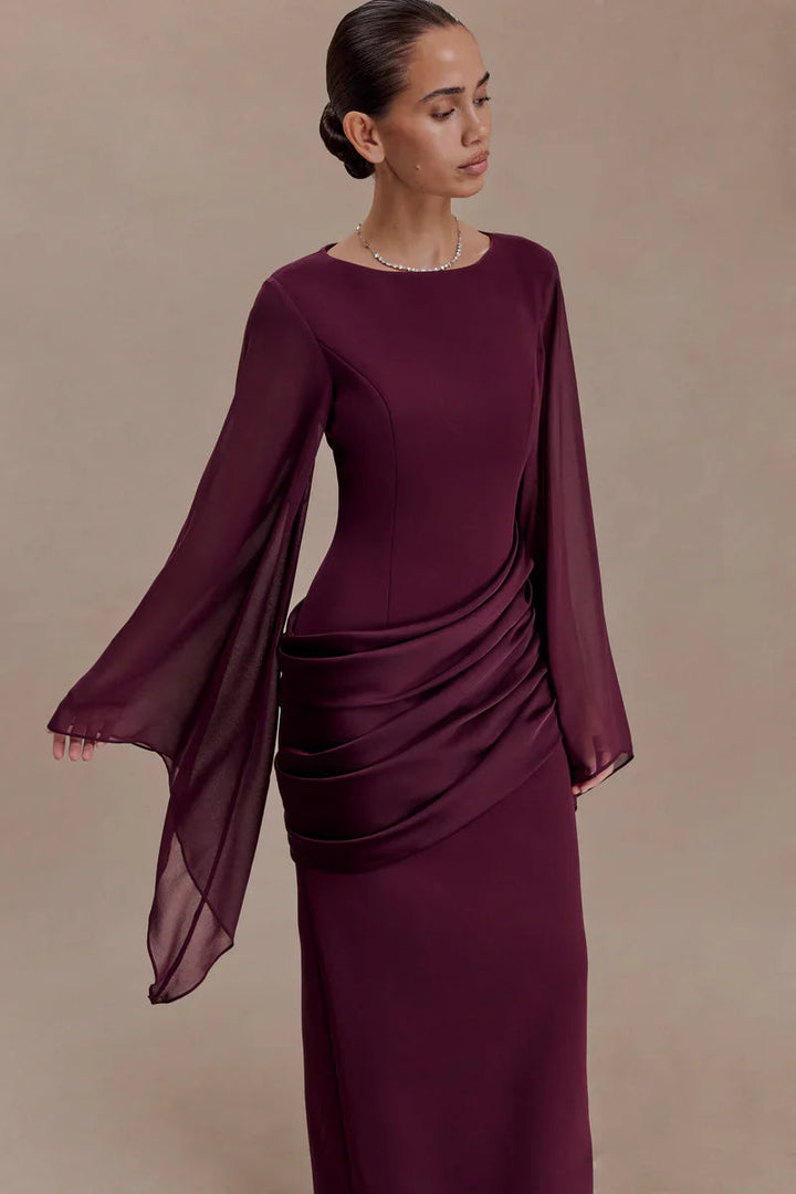Mabel | Maxi Evening Dress Deep Burgundy Crepe Cape Sleeve for Women