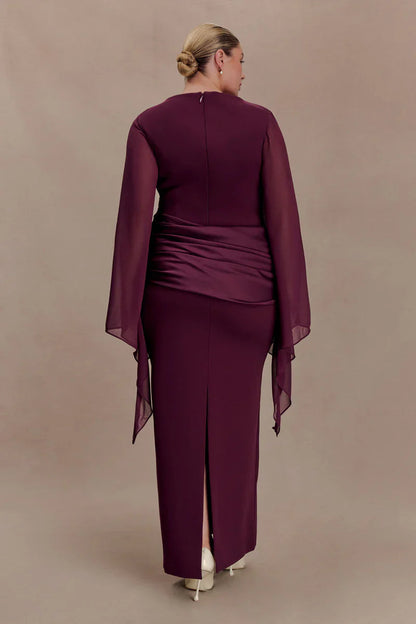 Mabel | Maxi Evening Dress Deep Burgundy Crepe Cape Sleeve for Women