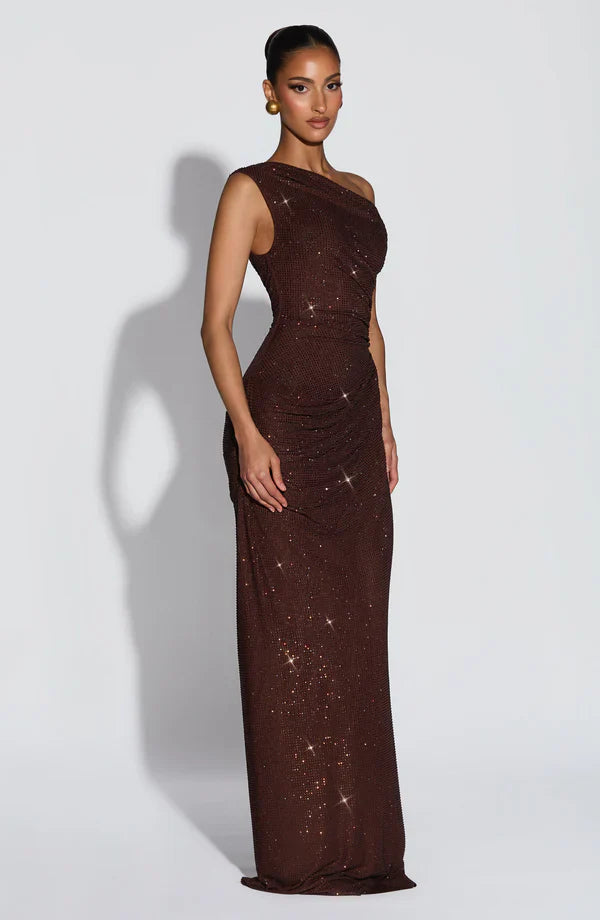 Jessamine | Maxi Evening Dress Sequin One-Shoulder for Women in Plum Brown, another view