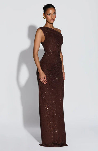 Jessamine | Maxi Evening Dress Sequin One-Shoulder for Women in Plum Brown, another view