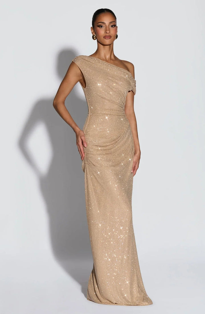 Jessamine | Maxi Evening Dress Sequin One-Shoulder for Women in Gold, another view