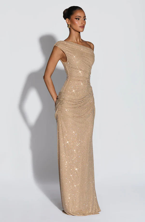 Jessamine | Maxi Evening Dress Sequin One-Shoulder for Women in Gold, another view
