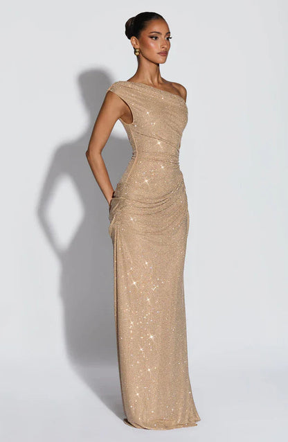 Jessamine | Maxi Evening Dress Sequin One-Shoulder for Women in Gold, another view