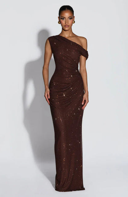 Jessamine | Maxi Evening Dress Sequin One-Shoulder for Women in Plum Brown