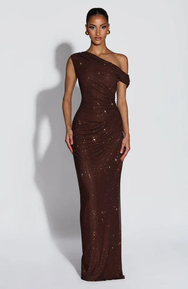 Maxi Evening Dress Sequin One-Shoulder for Women — Plum Brown