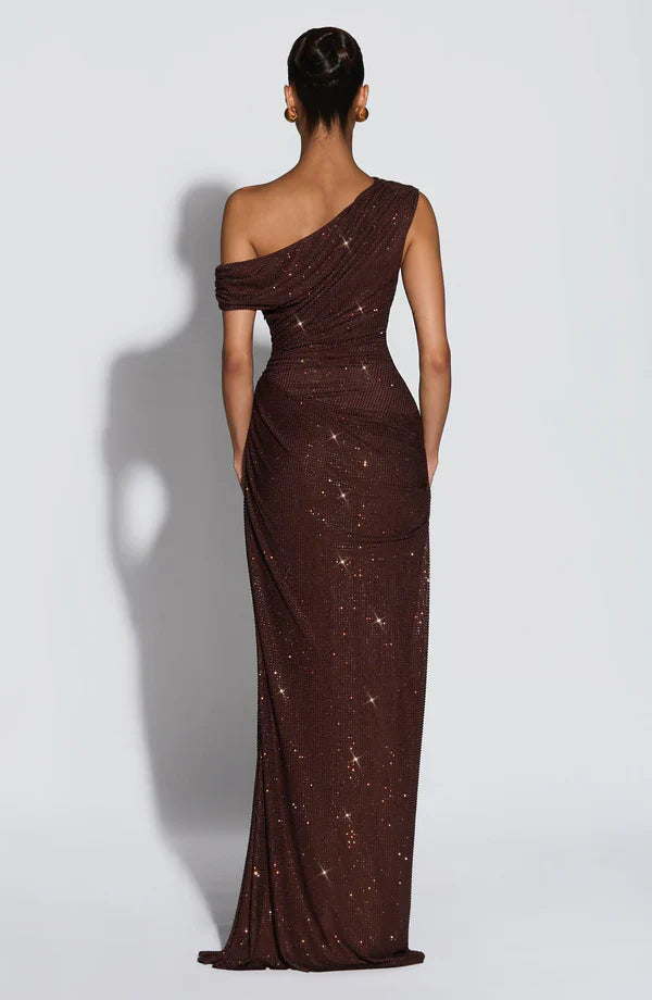 Jessamine | Maxi Evening Dress Sequin One-Shoulder for Women in Plum Brown, another view