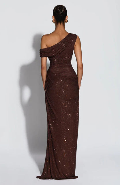 Jessamine | Maxi Evening Dress Sequin One-Shoulder for Women in Plum Brown, another view