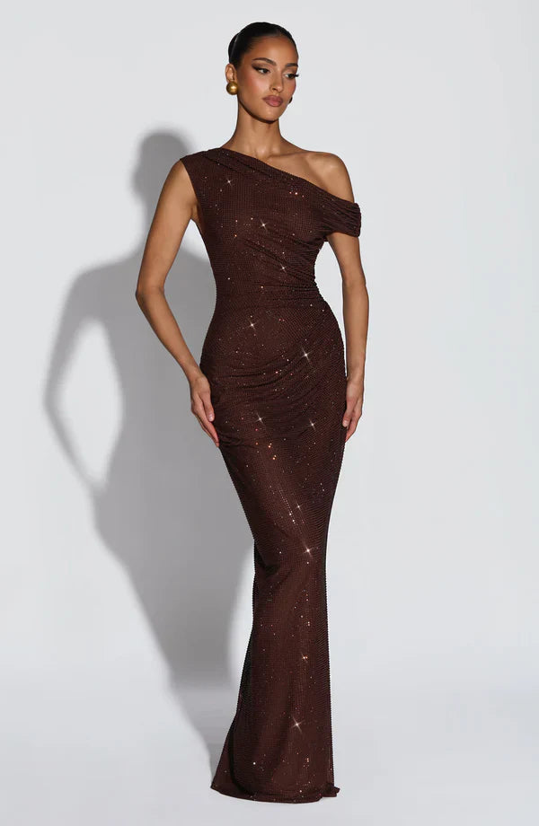 Jessamine | Maxi Evening Dress Sequin One-Shoulder for Women in Plum Brown, another view