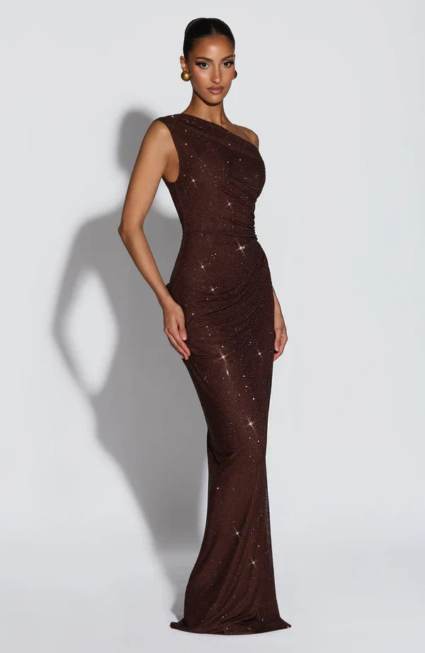 Jessamine | Maxi Evening Dress Sequin One-Shoulder for Women in Plum Brown, another view