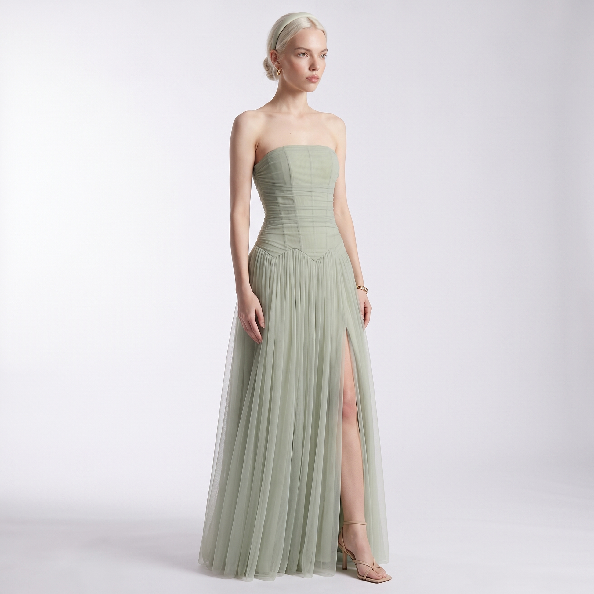 Sunoire maxi evening dresses strapless draped sleeveless floor length long dress trendy strapless prom dress vestidos colorway light green front hero 01