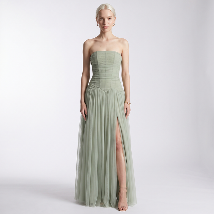 Sunoire maxi evening dresses strapless draped sleeveless floor length long dress trendy strapless prom dress vestidos front hero 01