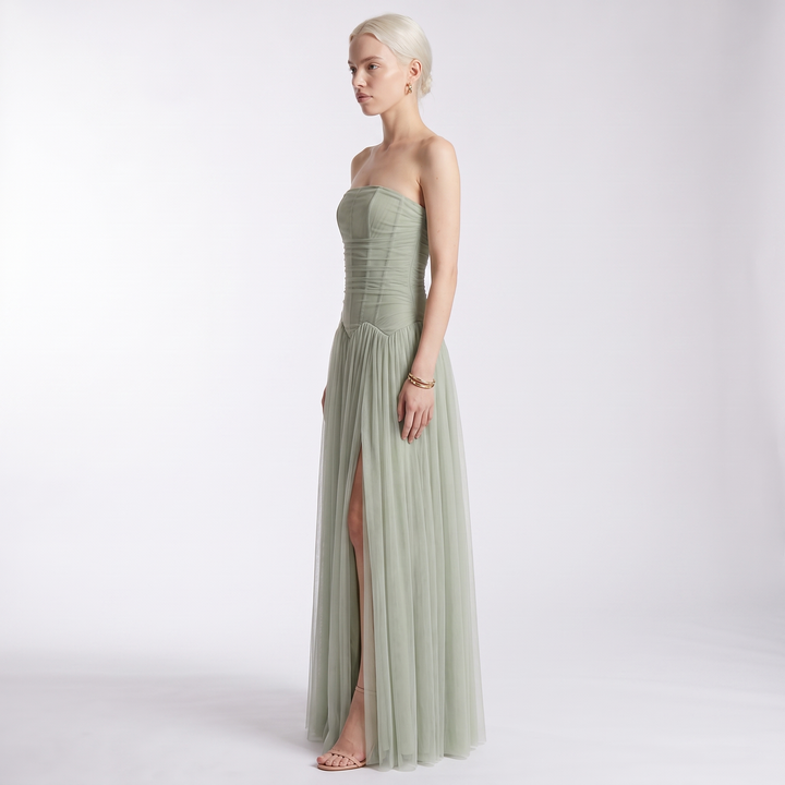 Sunoire maxi evening dresses strapless draped sleeveless floor length long dress trendy strapless prom dress vestidos side view 01