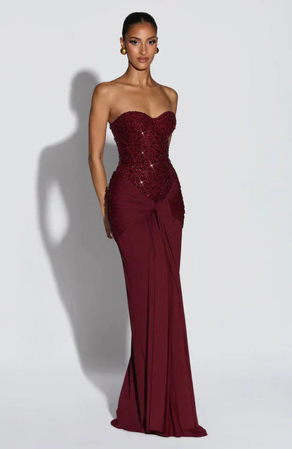 Elspeth | Maxi Gala Dress Embellished Corset Strapless for Women in Wine