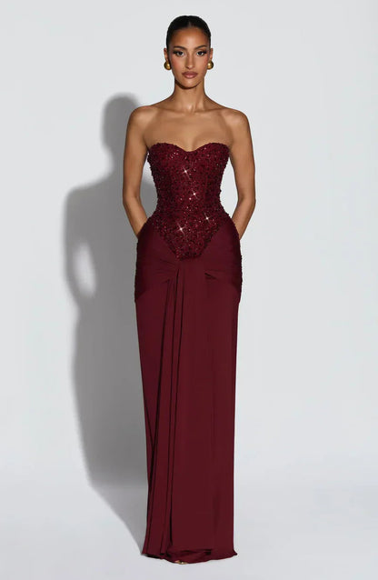 Elspeth | Maxi Gala Dress Embellished Corset Strapless for Women in Wine, another view