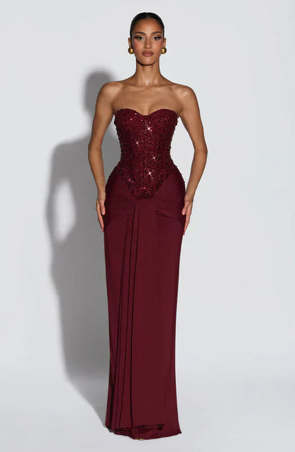 Elspeth | Maxi Gala Dress Embellished Corset Strapless for Women in Wine, another view