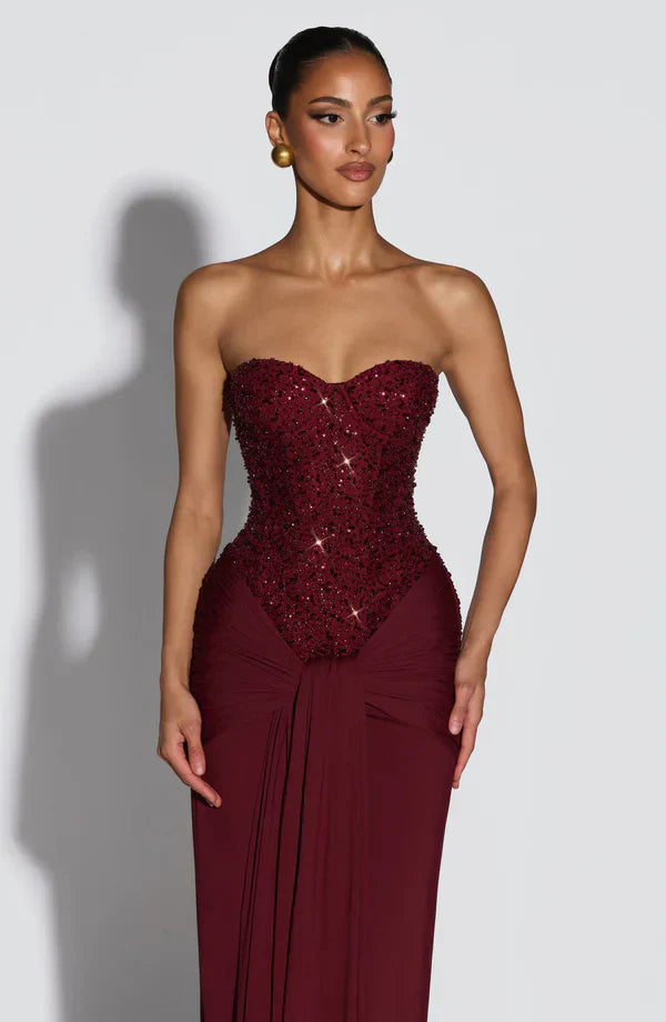 Elspeth | Maxi Gala Dress Embellished Corset Strapless for Women in Wine, another view