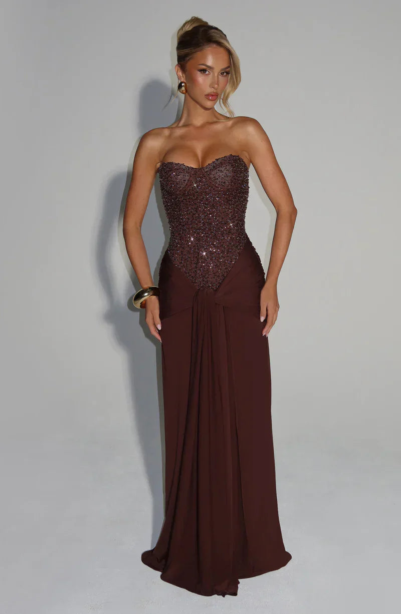 Elspeth | Maxi Gala Dress Embellished Corset Strapless for Women in Brown