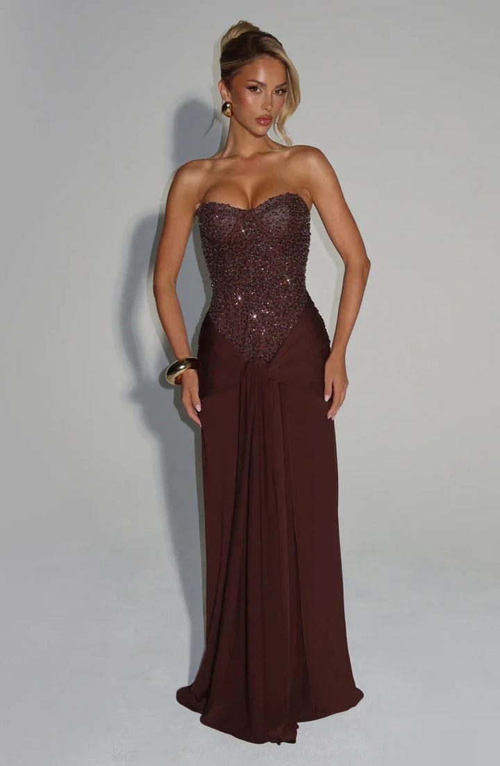 Maxi Gala Dress Embellished Corset Strapless for Women — Brown