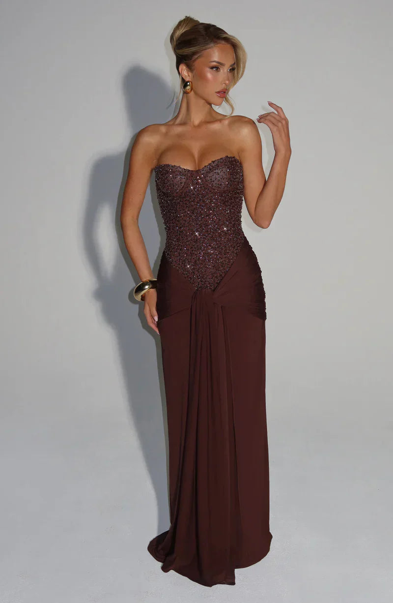 Elspeth | Maxi Gala Dress Embellished Corset Strapless for Women in Brown, another view