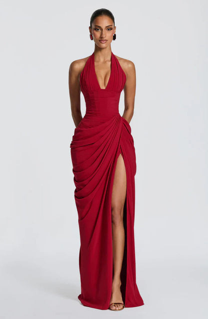 Elspeth | Maxi Halter Dress Ruched Draped for Women in Deep Red